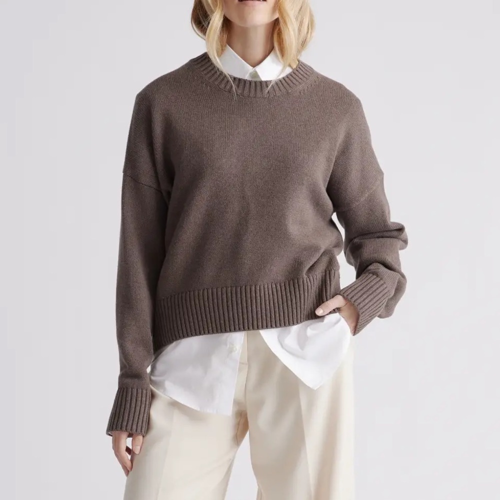 Quince 100% Organic Cotton Boyfriend Crew Sweater Heather Brown XS